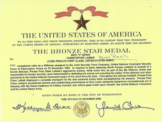 Chris Labiak bronze star medal award citation