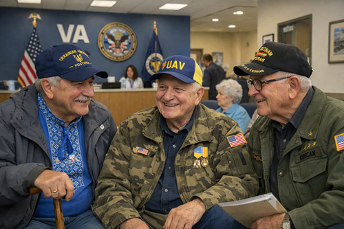 UAV veterans sharing stories at Veterans Administration. Image generated using AI.