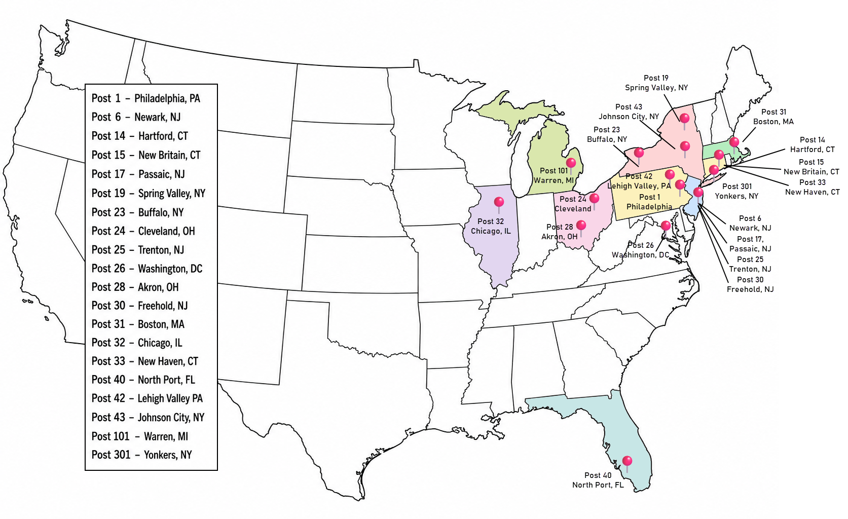 The UAV has 20 Posts, and the map shows their locations in the USA